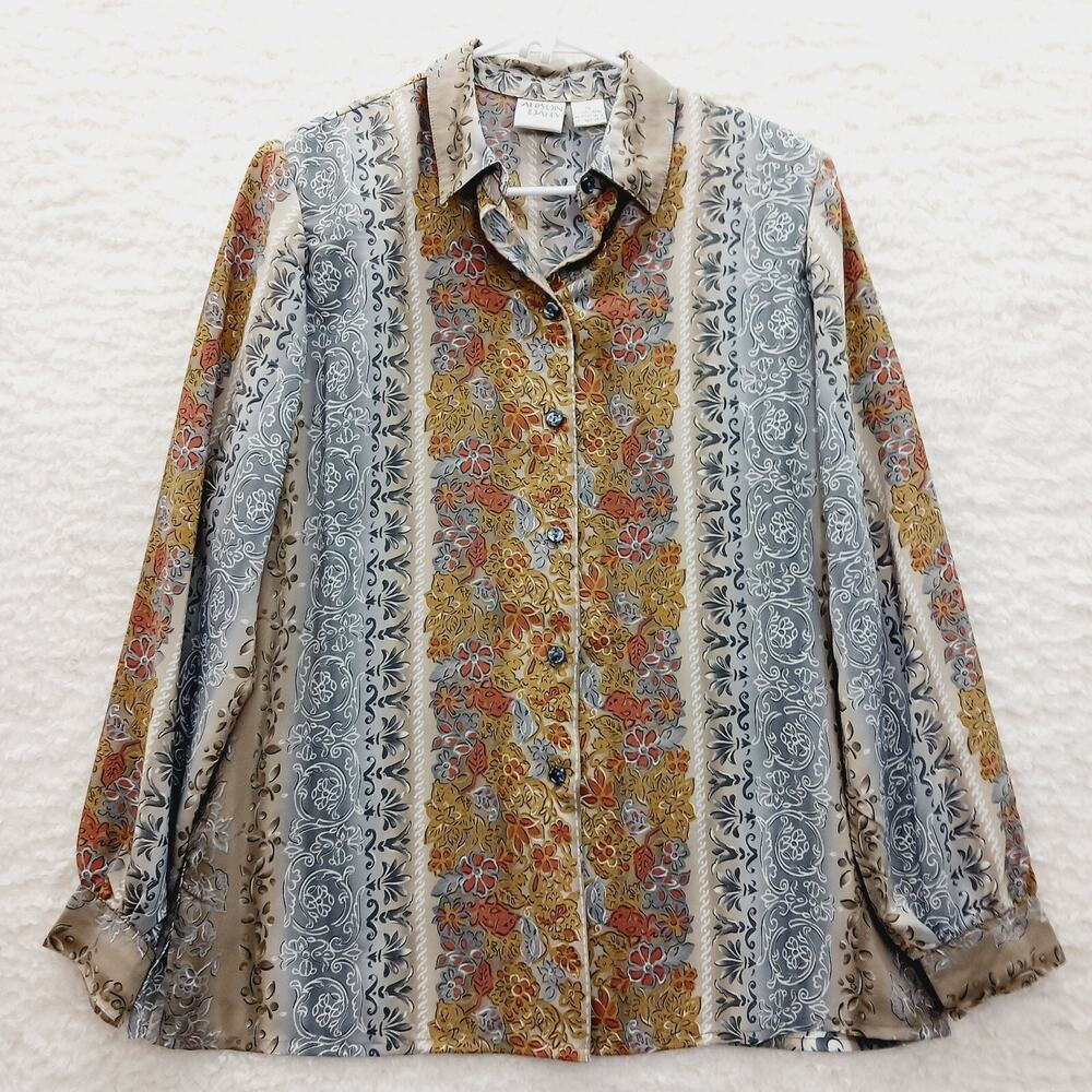 Blouse Button-Up Rust Brown Floral Whimsycore Boho Festival Y2K Size 14